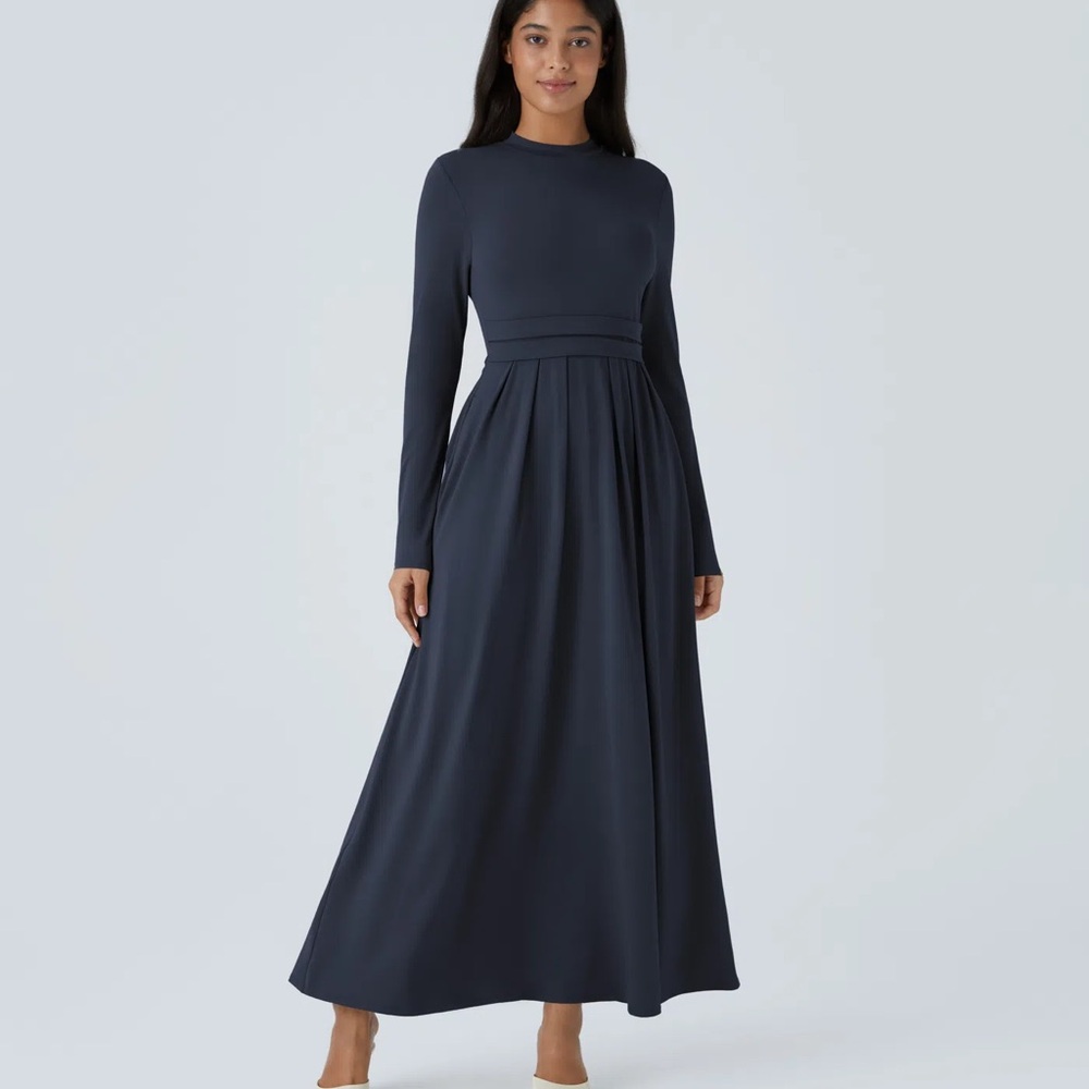 NWT Stand Collar Long Sleeve Side Pocket Flare Maxi Casual Dress